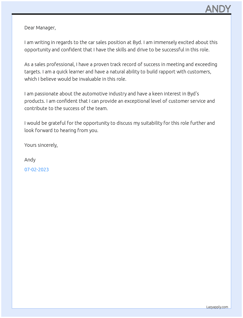Car sales  At Byd Cover Letter