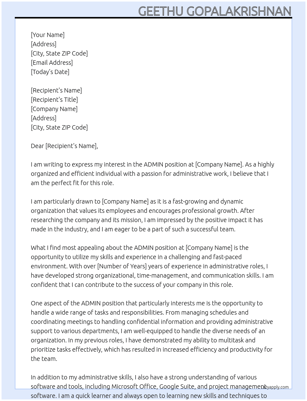 ADMIN At office Cover Letter