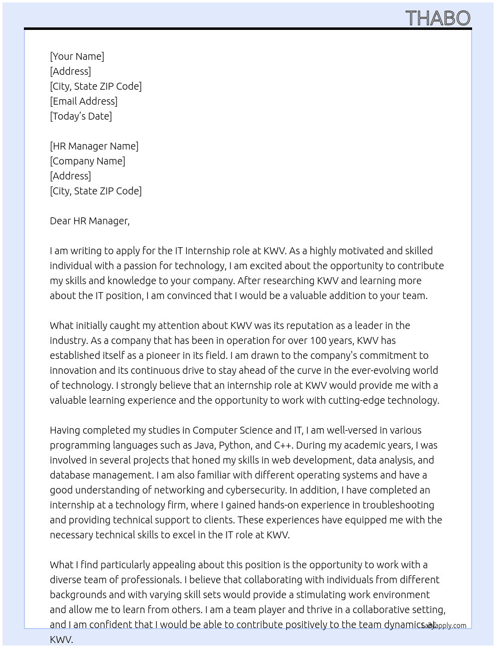 IT  At KWV Cover Letter