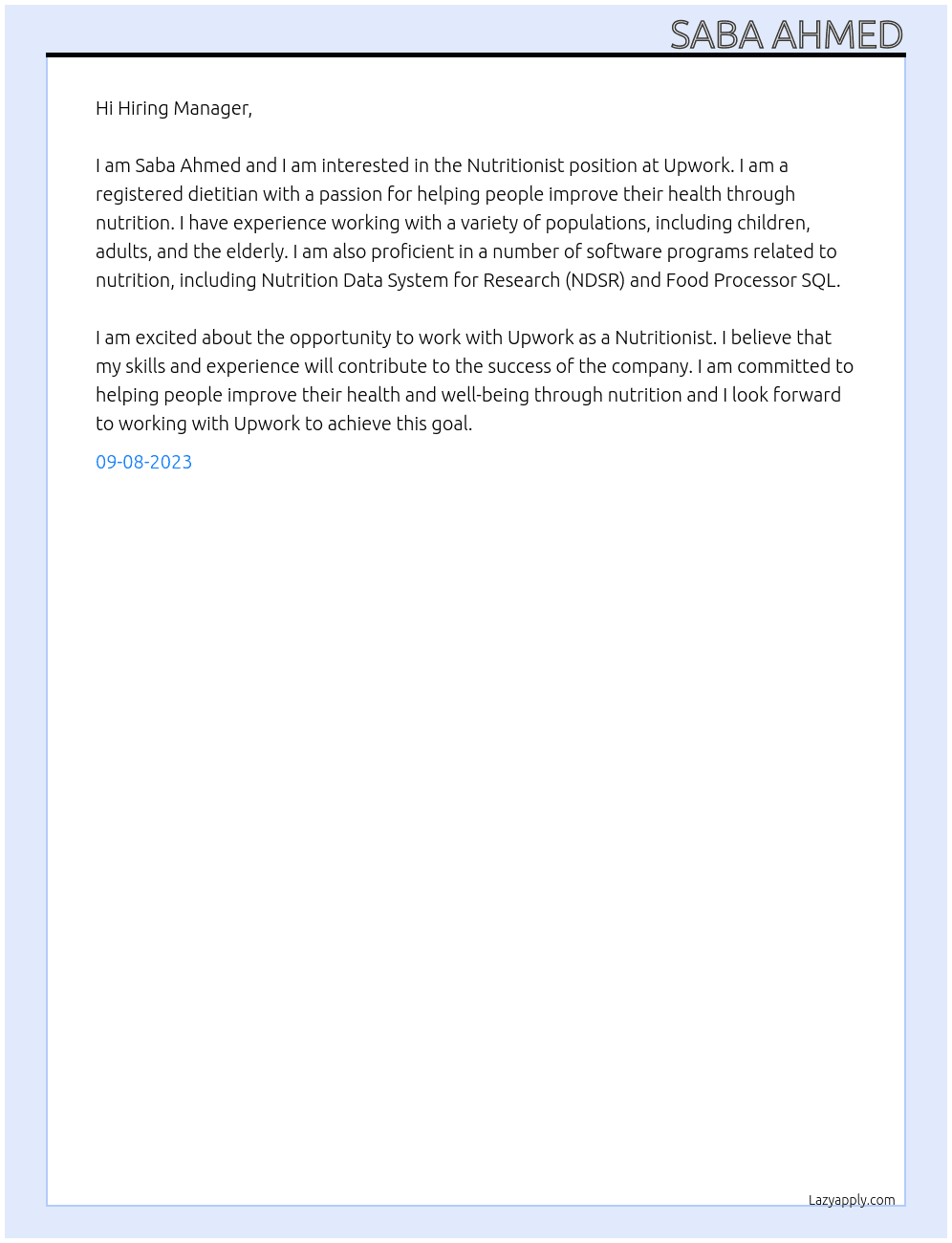 Nutritionist At Upwork Cover Letter