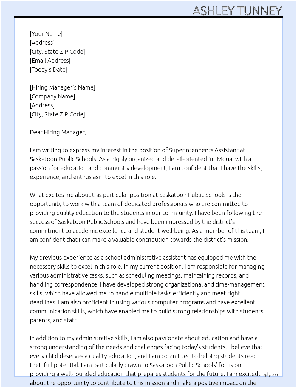 Superintendents Assistant At Saskatoon Public Schools Cover Letter