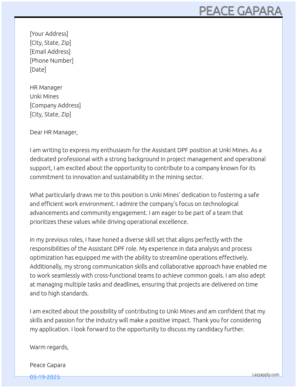 Cover letter for assistant dpf - LazyApply
