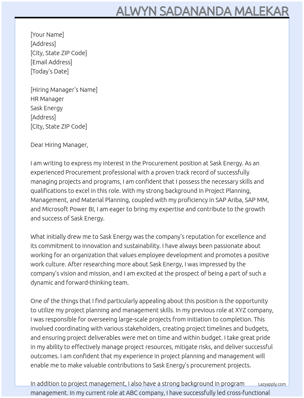 Procurement At Sask Energy Cover Letter