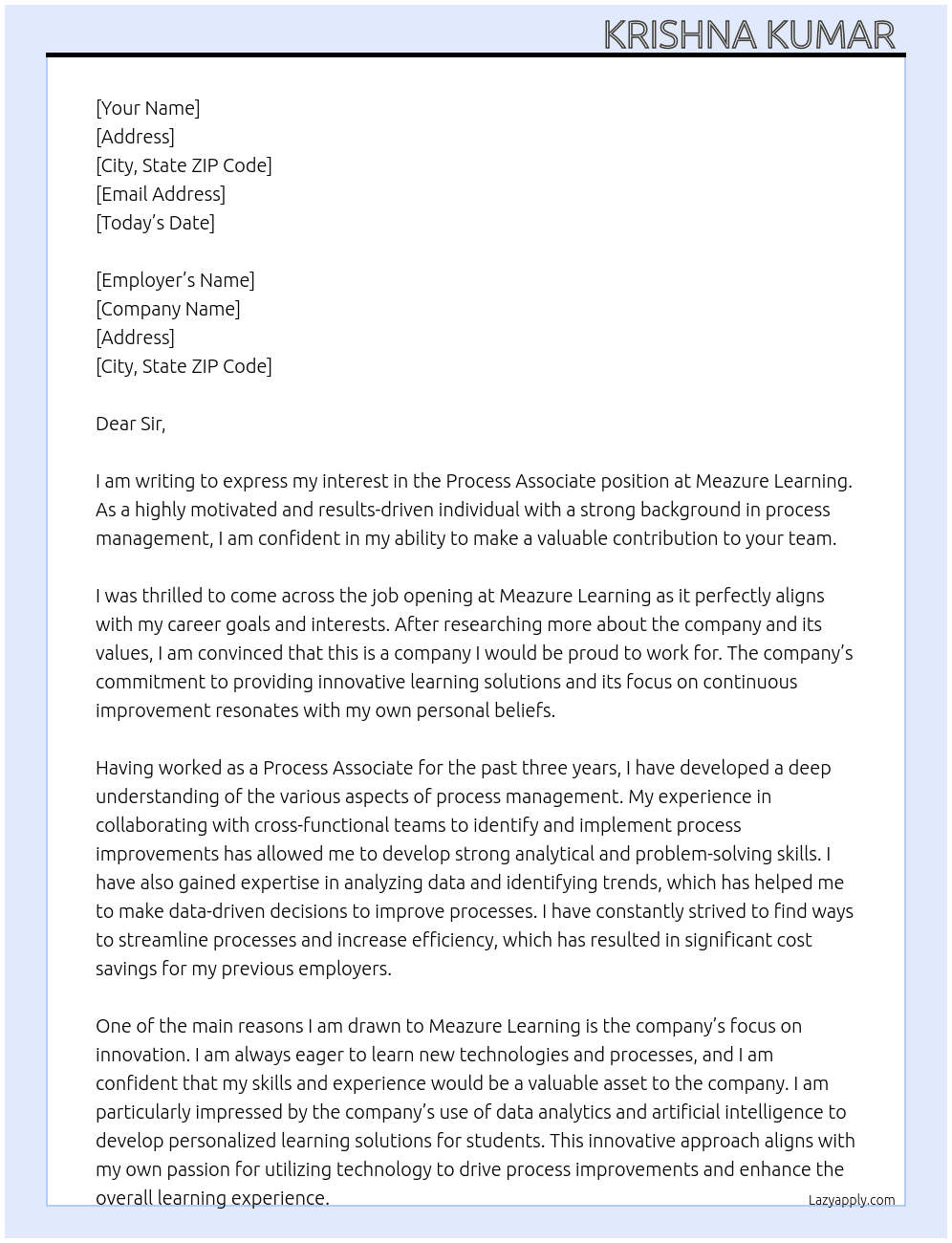 Process Associate  At Meazure Learning  Cover Letter