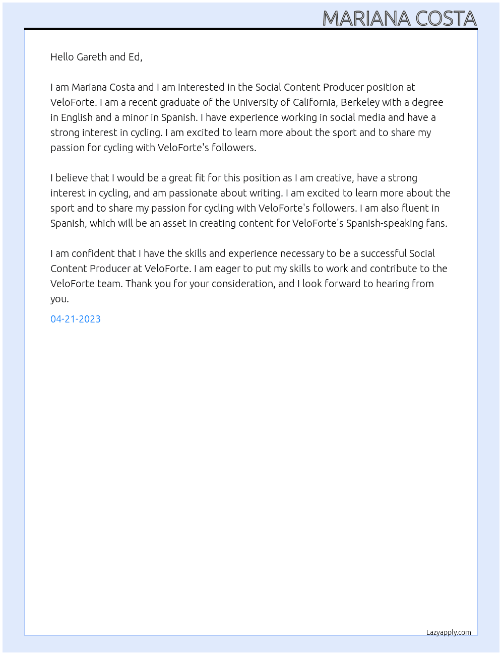 Social Content Producer At VeloForte Cover Letter