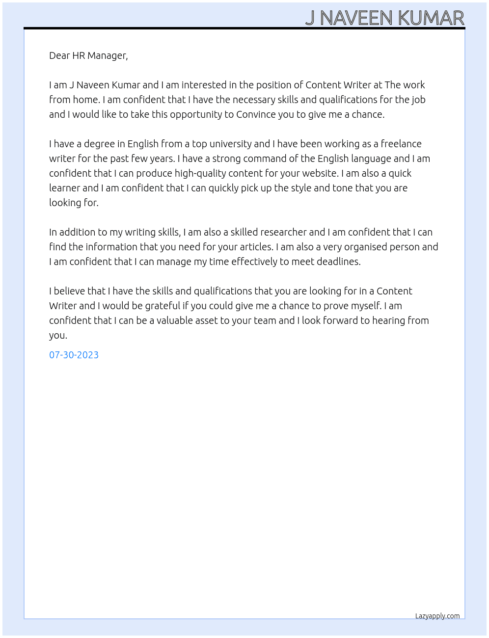 Content writer At The work from home Cover Letter