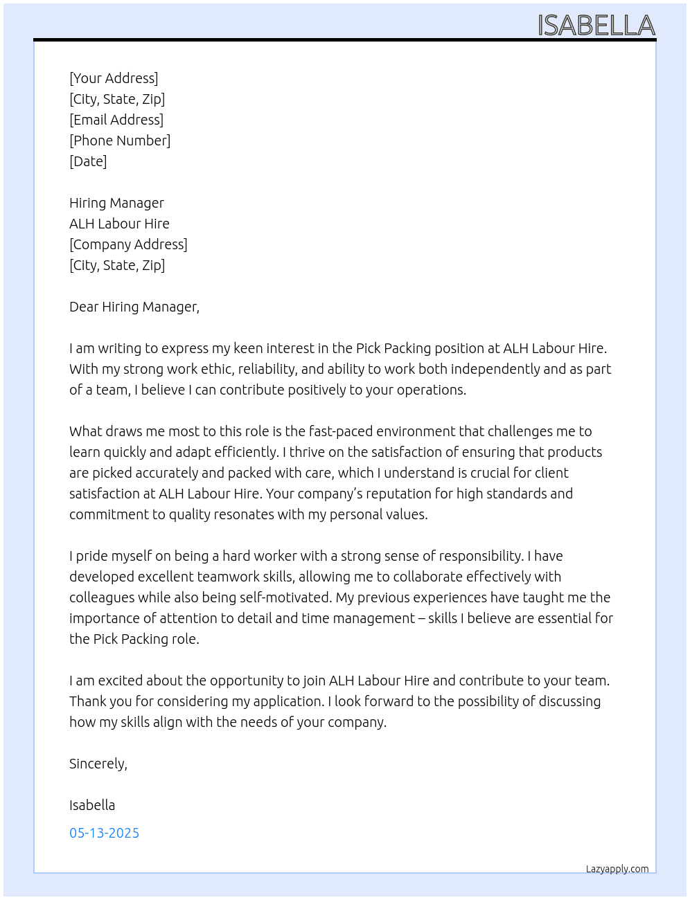 Pick Packing At ALH Labour Hire Cover Letter