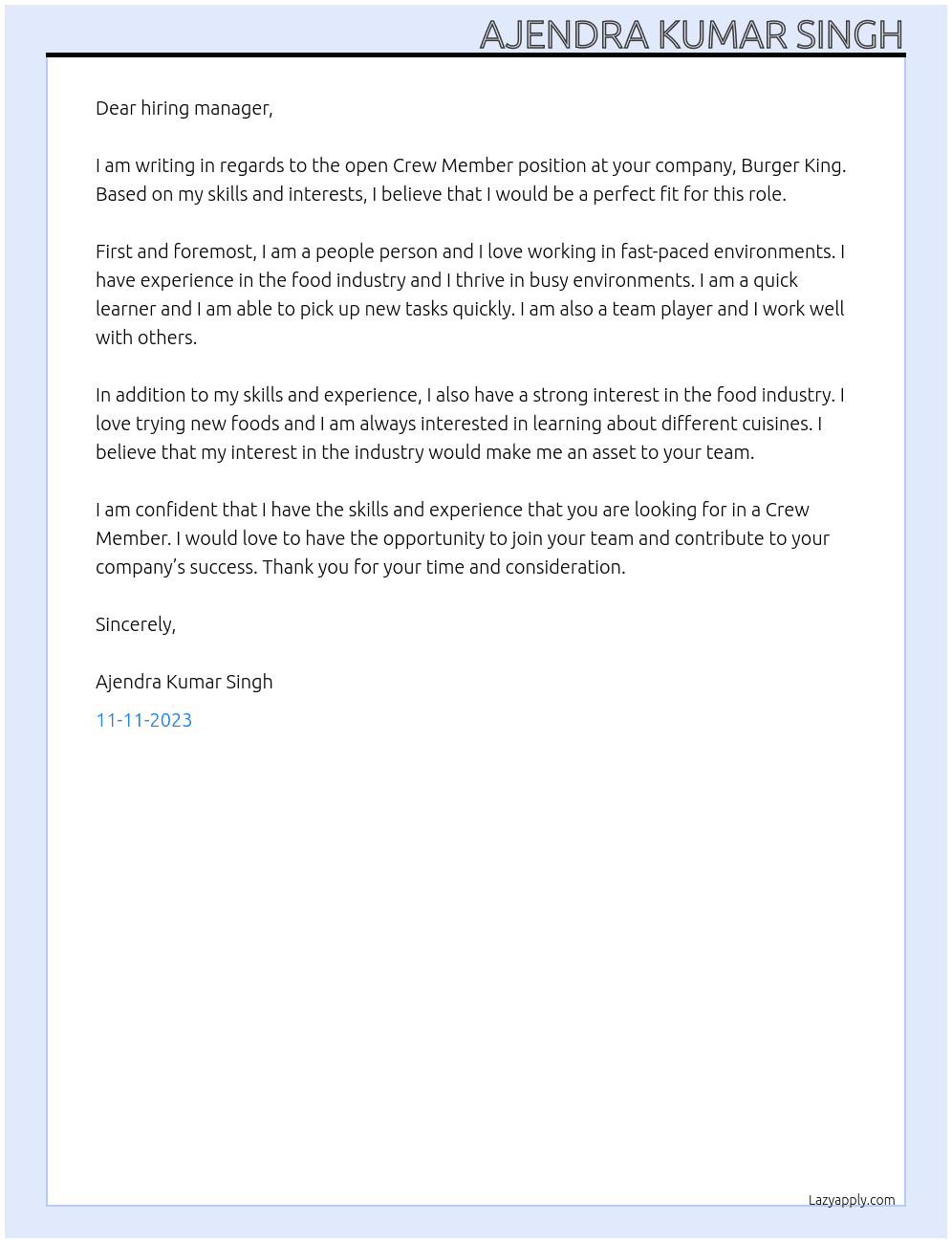 Crew Member At burgerking Cover Letter