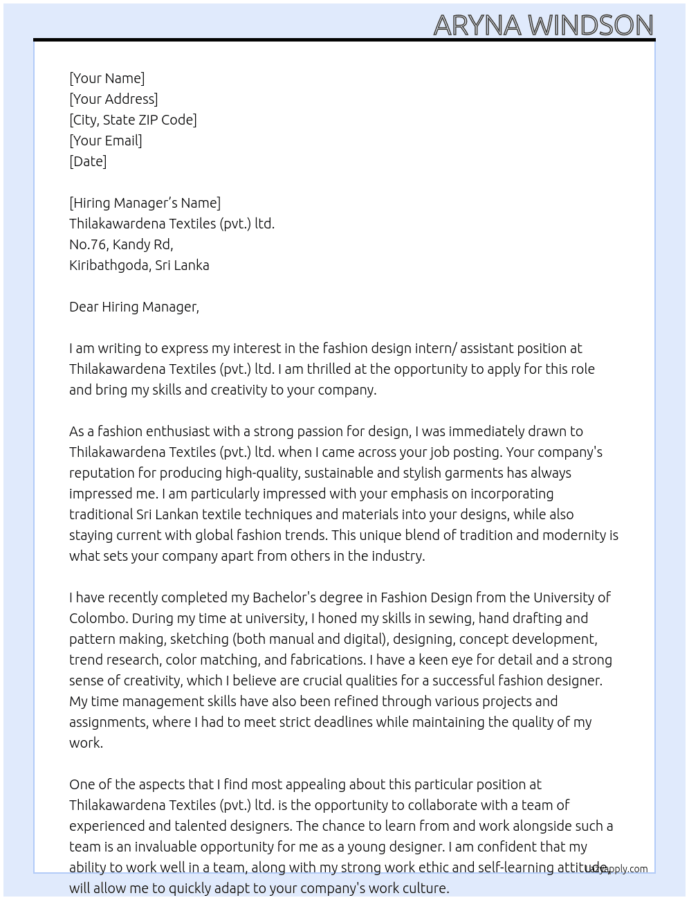 Cover letter for fashion design intern/ assistant - LazyApply