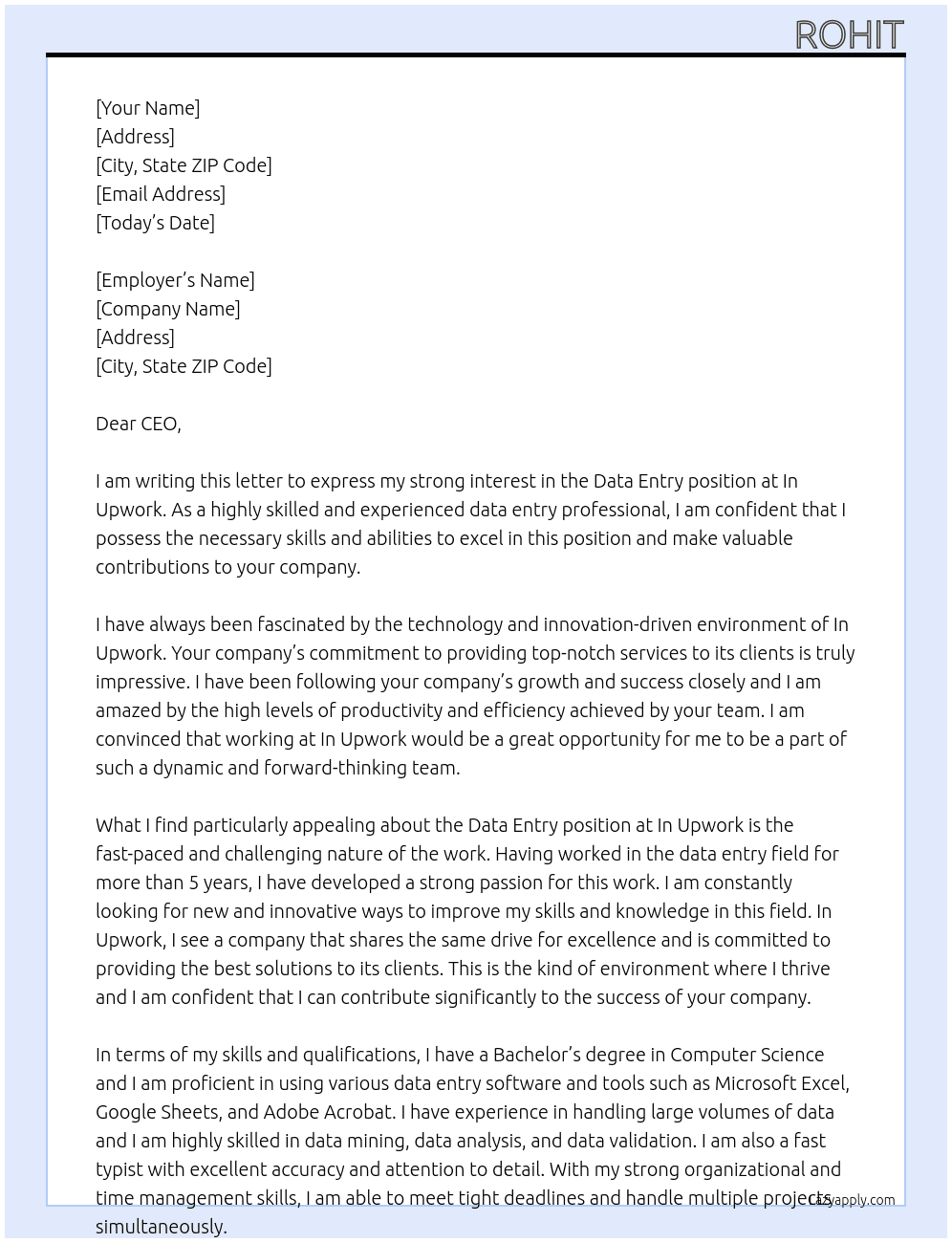 Data entry  At In upwork Cover Letter
