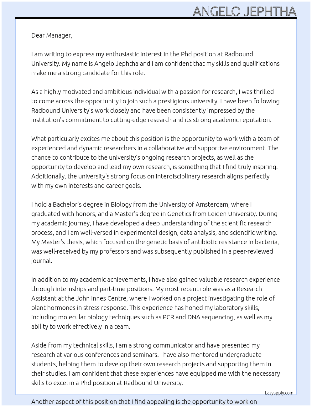 Phd  At radbound university Cover Letter