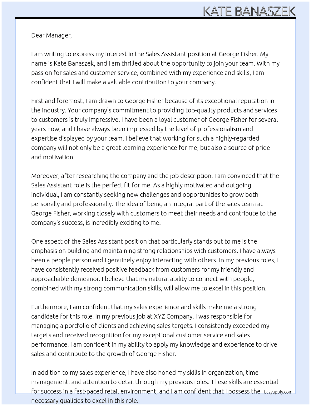Sales Assistant At George Fisher Cover Letter