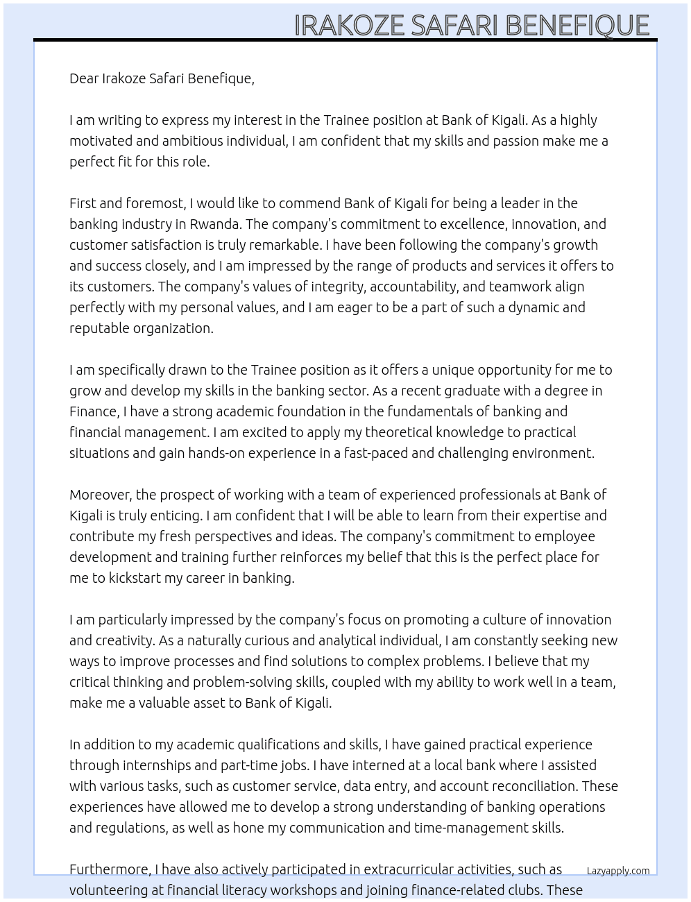 Trainee At Bank of Kigali  Cover Letter