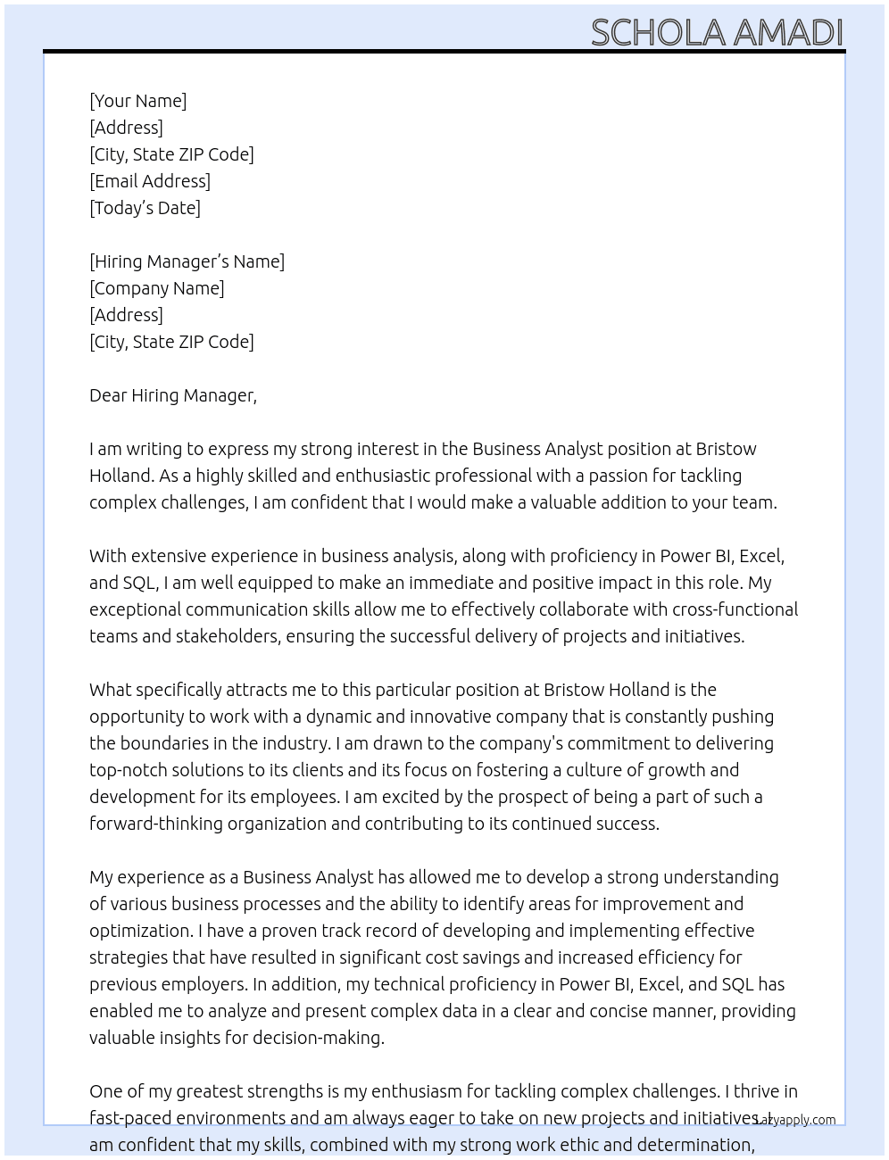 Business Analyst  At Btristow Holland  Cover Letter
