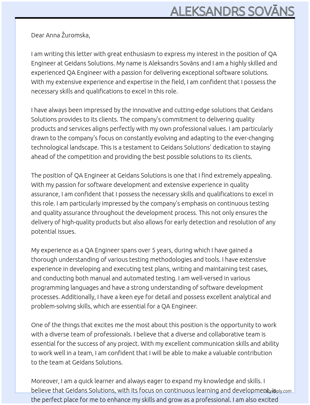 QA engineer  At Geidans Solutions Cover Letter