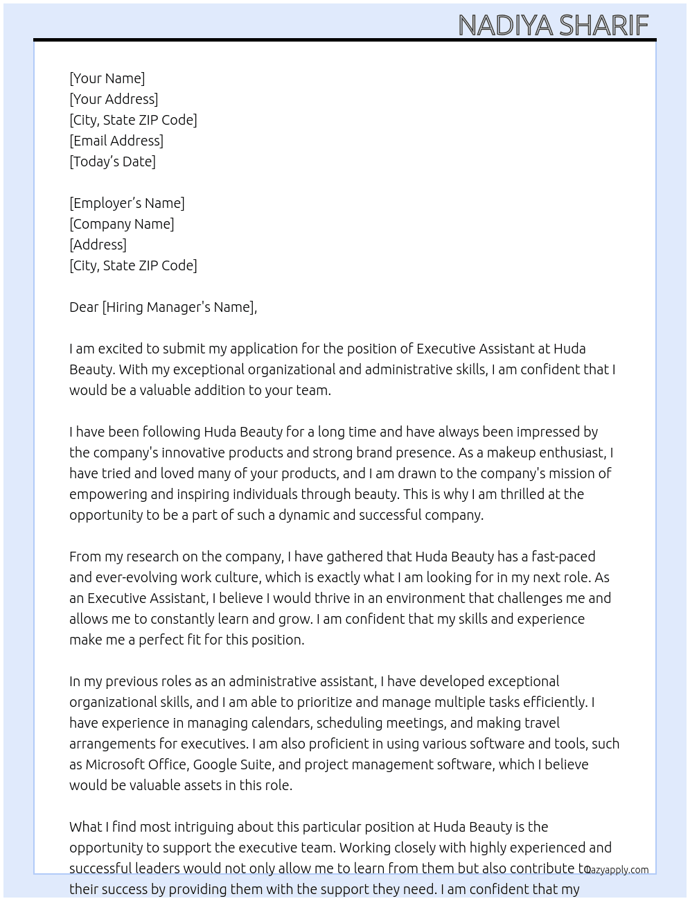 Executive Assistant At Huda beauty  Cover Letter