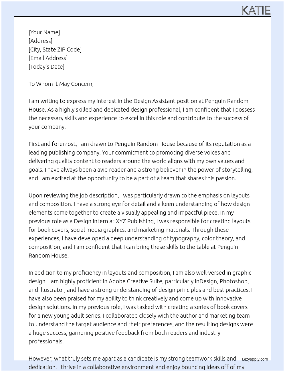 design assistant At Penguin Random House Cover Letter