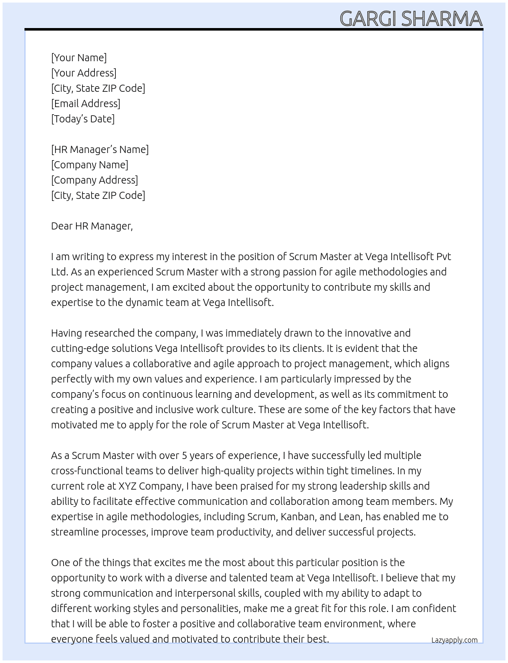Scrum Master At  Vega Intellisoft Pvt Ltd Cover Letter