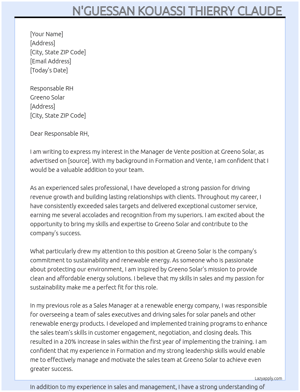 Manager de vente At Greeno solar Cover Letter