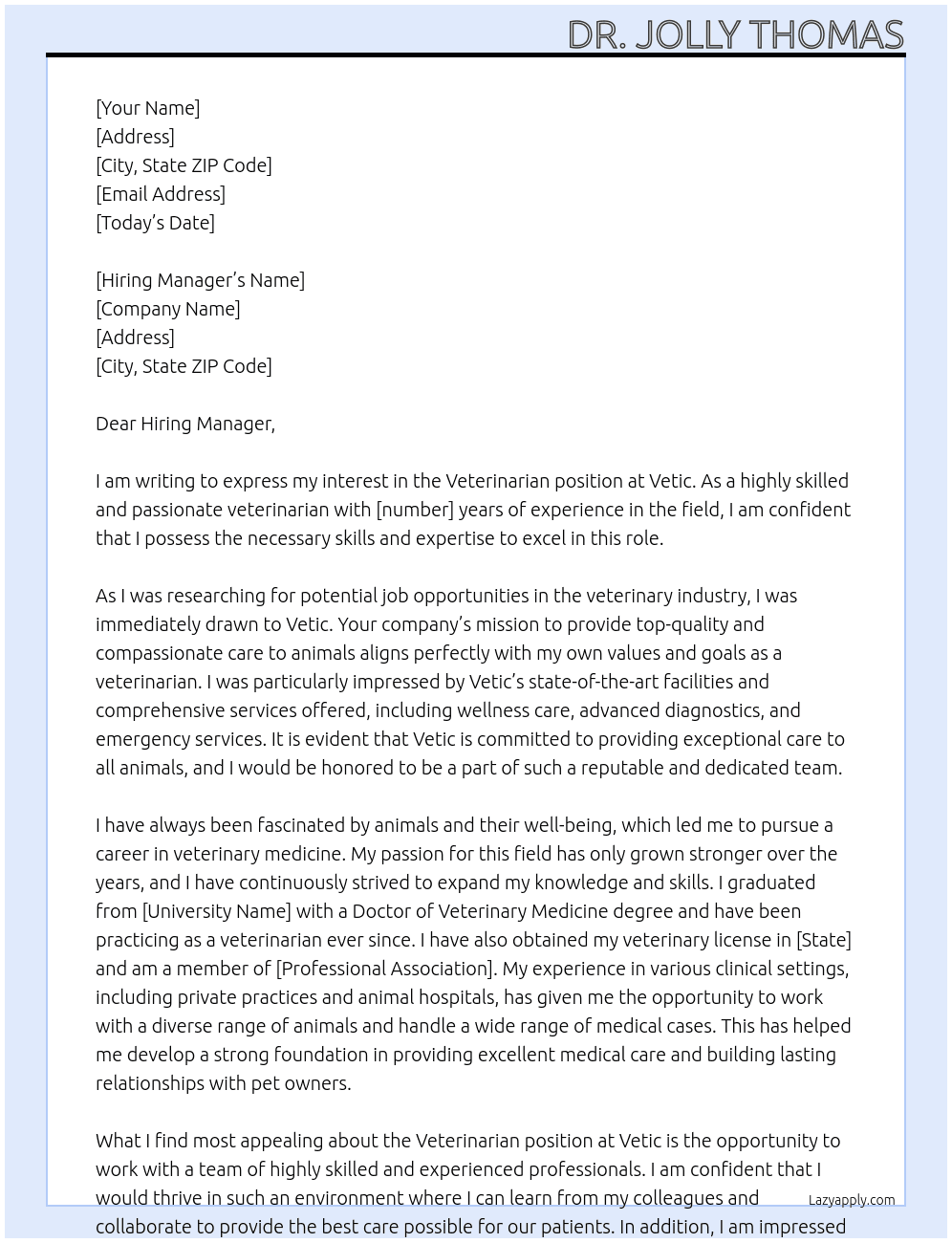 Veterinarian At Vetic Cover Letter