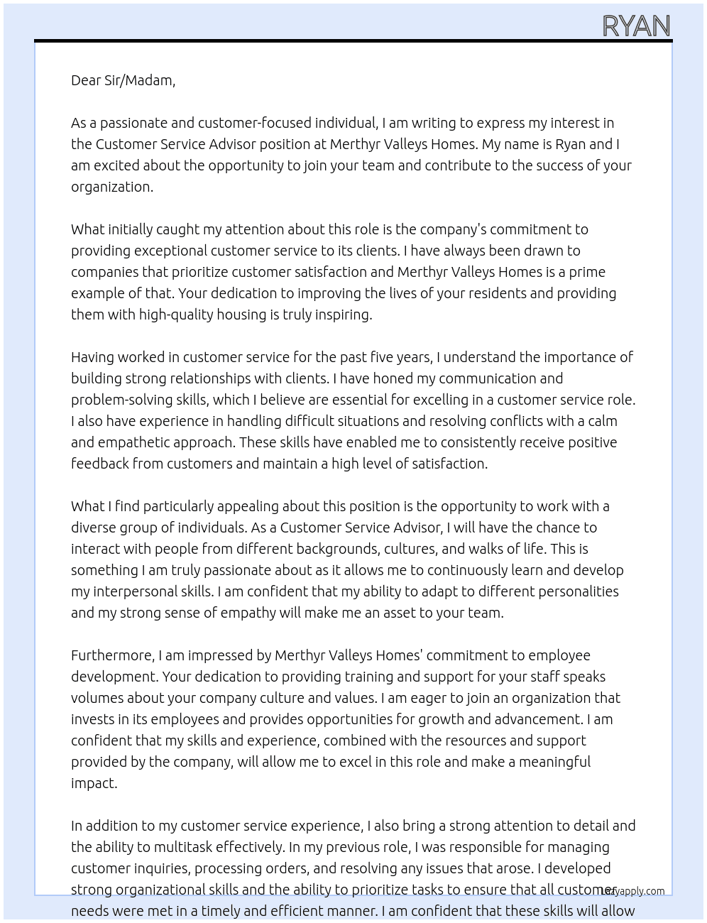 Customer Service Advisor At Merthyr Valleys Homes Cover Letter