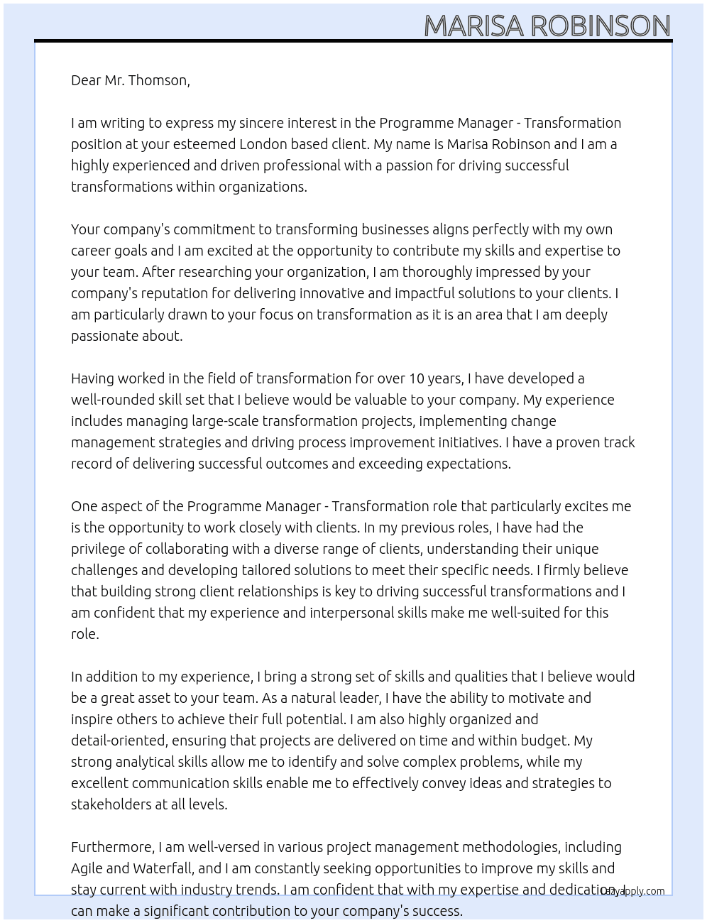 Programme Manager - Transformation At London based client Cover Letter