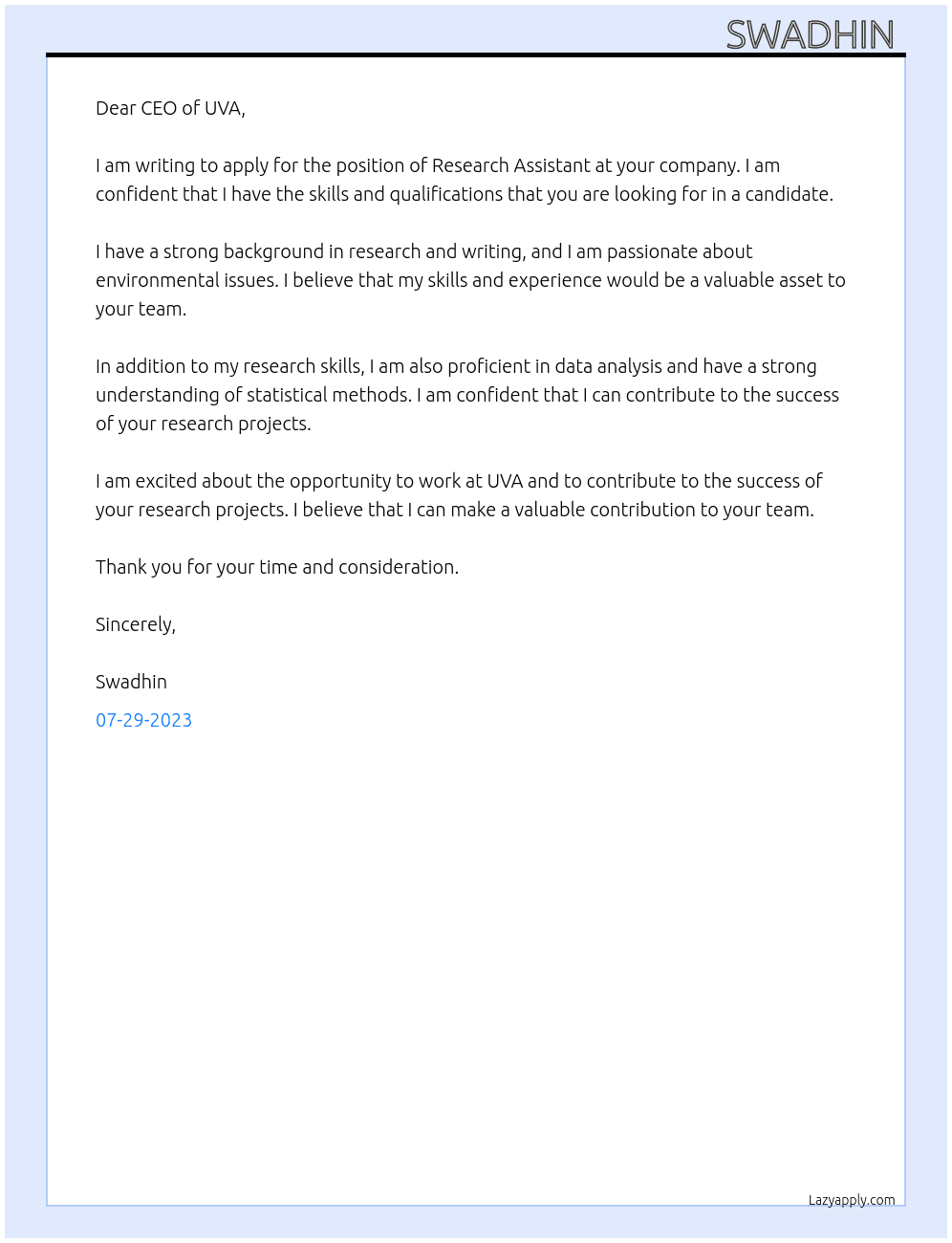 Research assistant At UVA Cover Letter