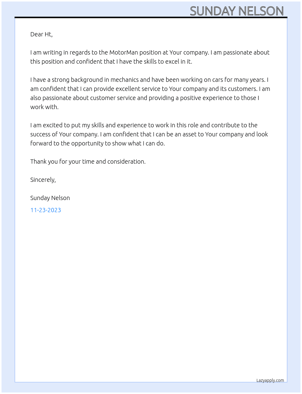 MotorMan At Your company  Cover Letter
