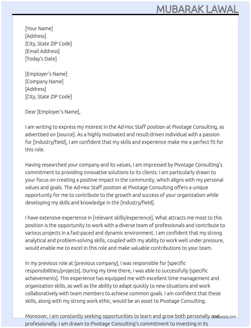 Ad-Hoc Staff  At Pivotage Consulting Cover Letter