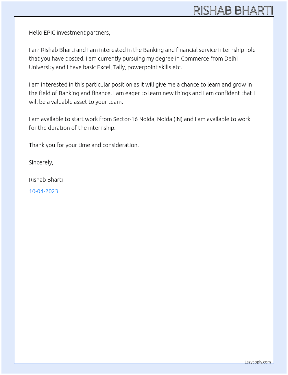 Banking and financial service At EPIC investment partners  Cover Letter