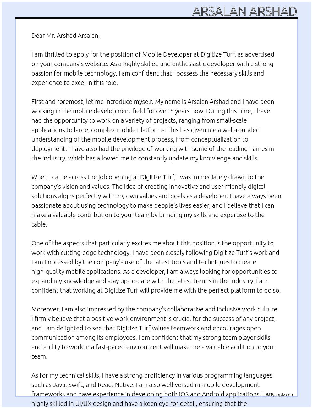 Mobile Developer At Digitize Turf Cover Letter