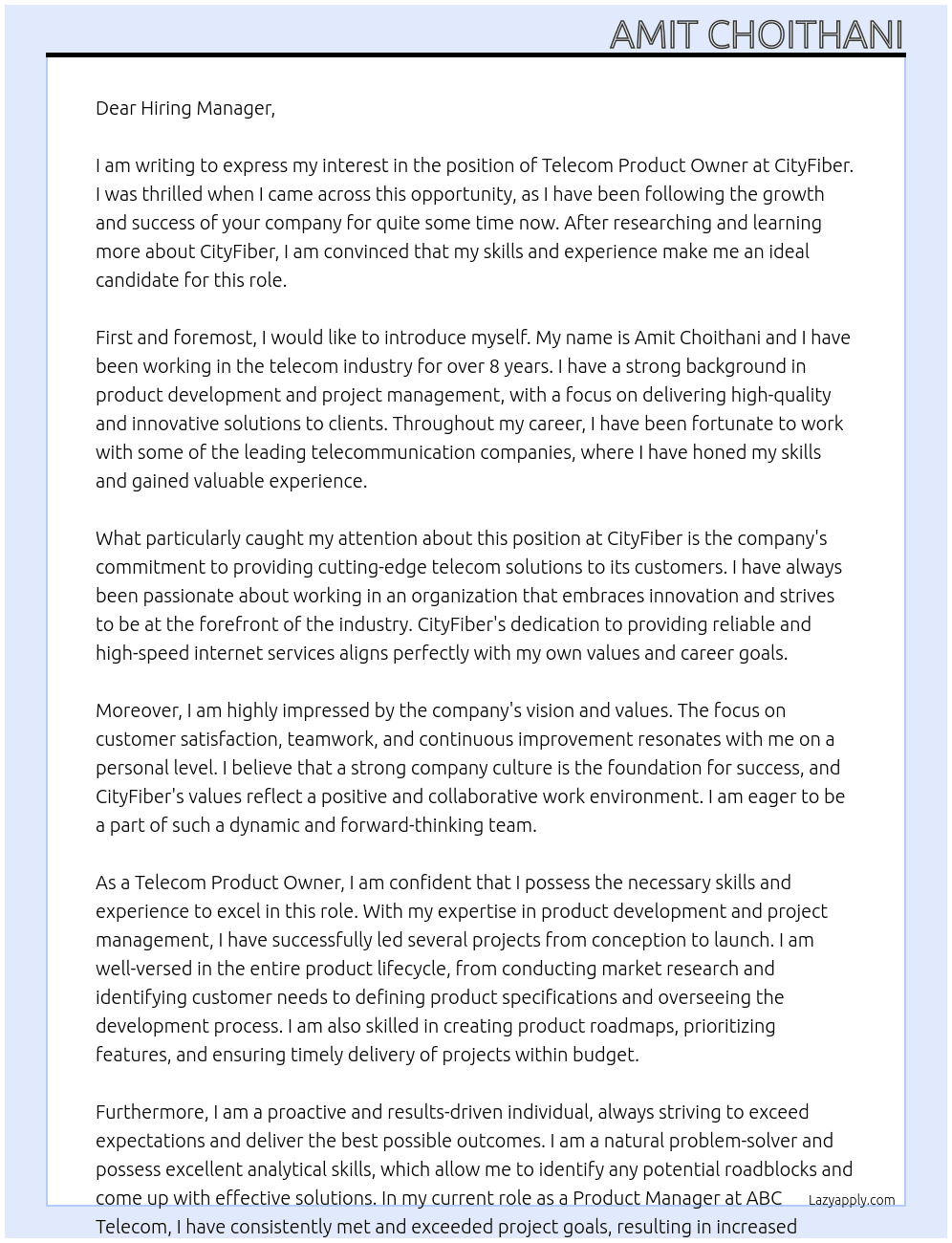 Telecom Product Owner At CityFiber Cover Letter