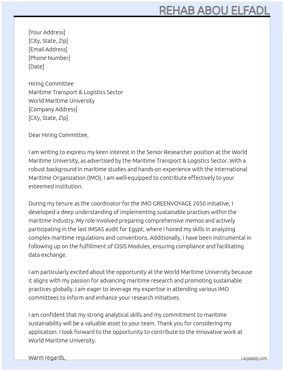 Senior Researcher  At Maritime Transport & Logistics Sector Cover Letter