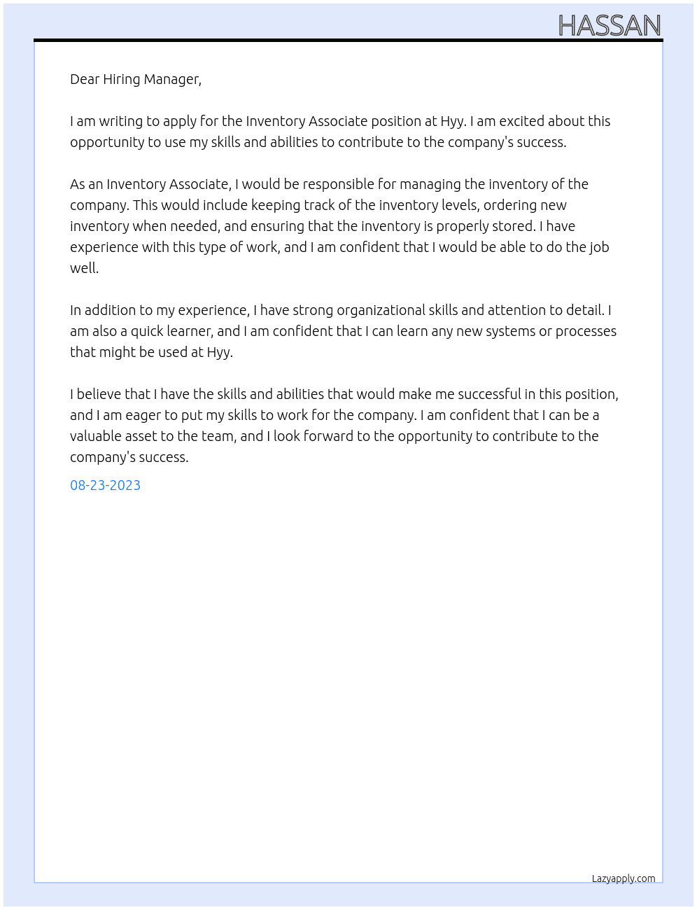 Inventory associate  At Hyy Cover Letter