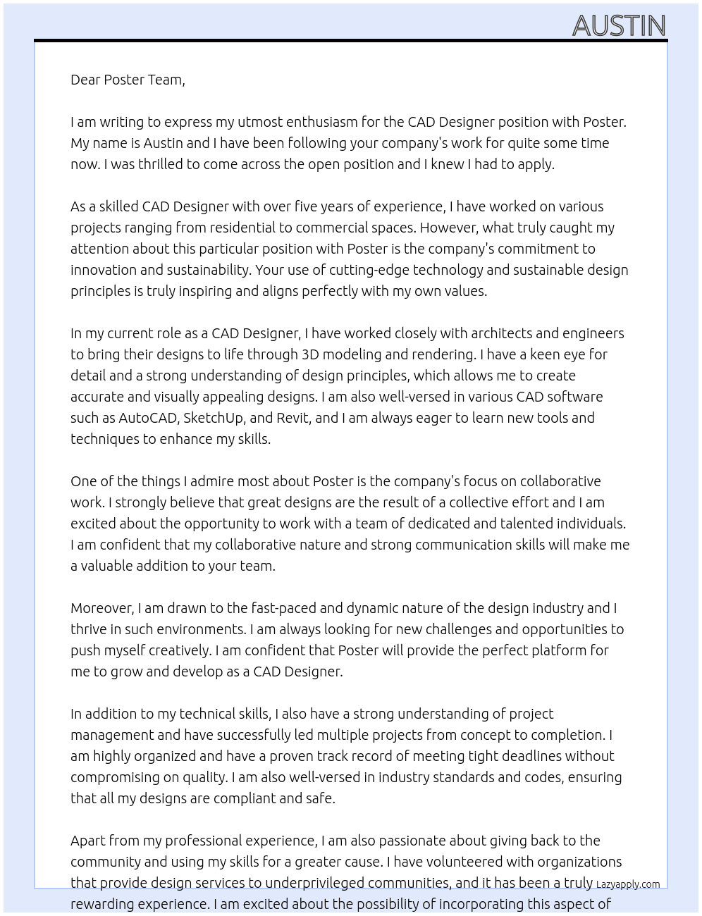CAD Designer At poster Cover Letter