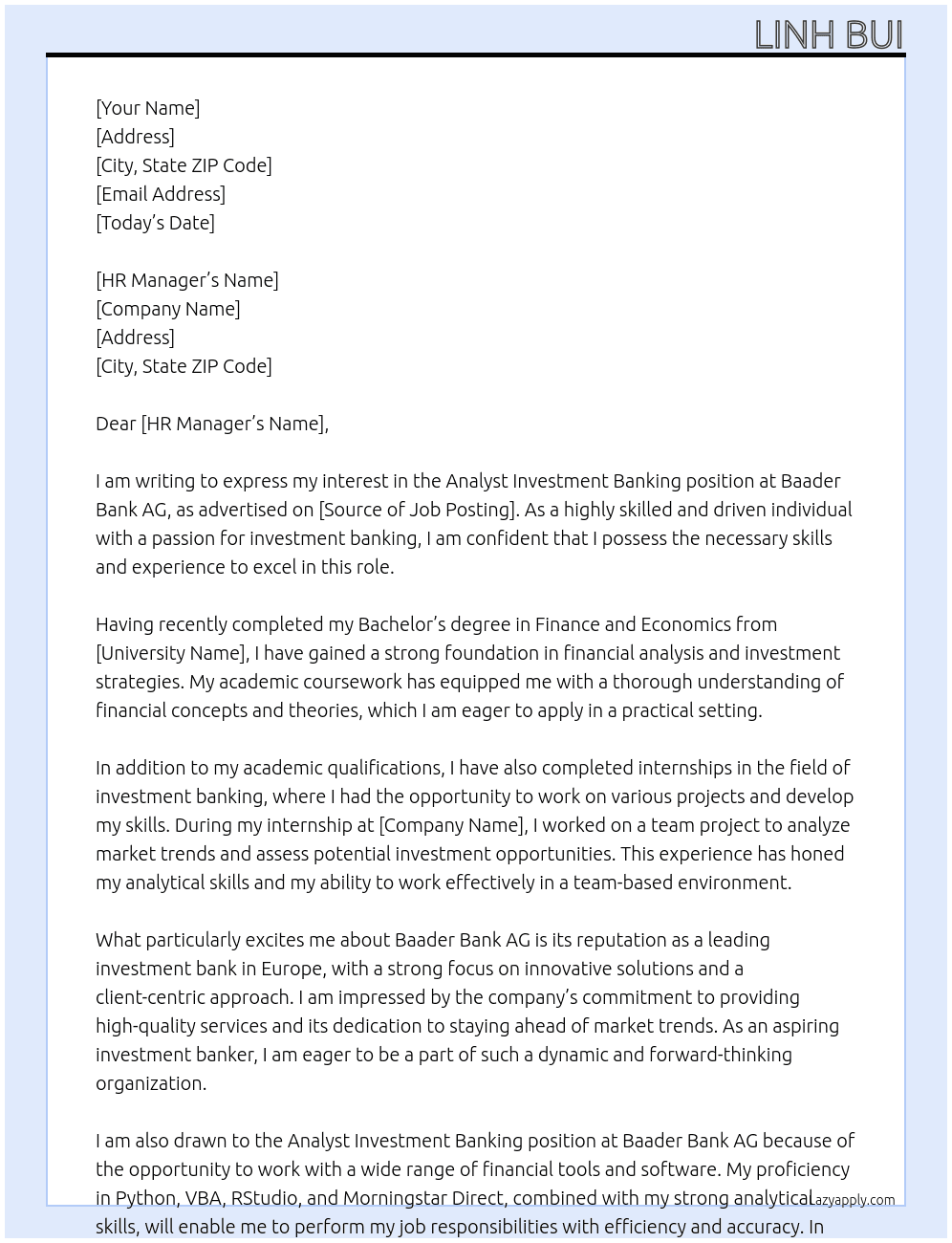 Analyst Investment Banking At Baader Bank AG Cover Letter