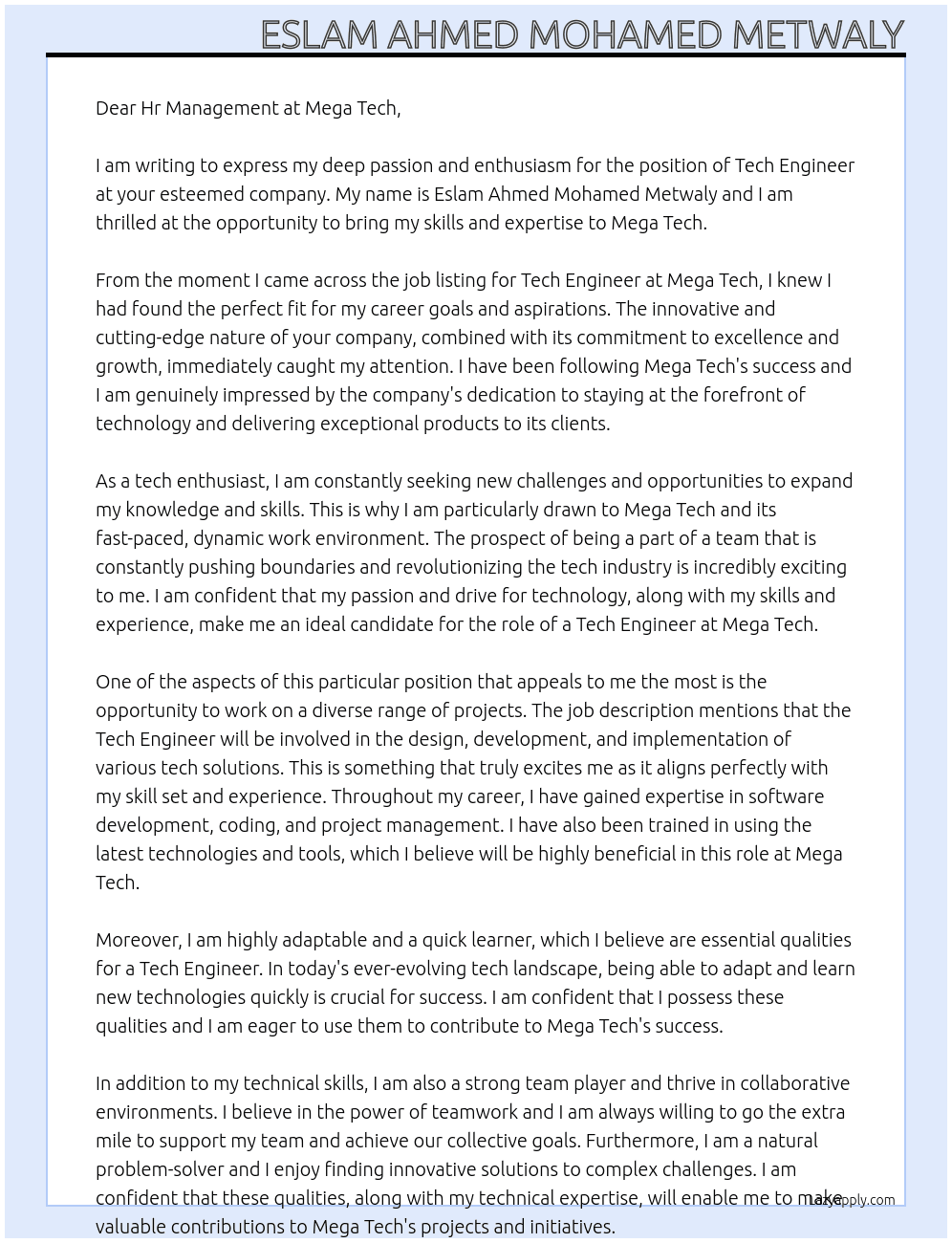 Tech Engineer At Mega Tech Cover Letter