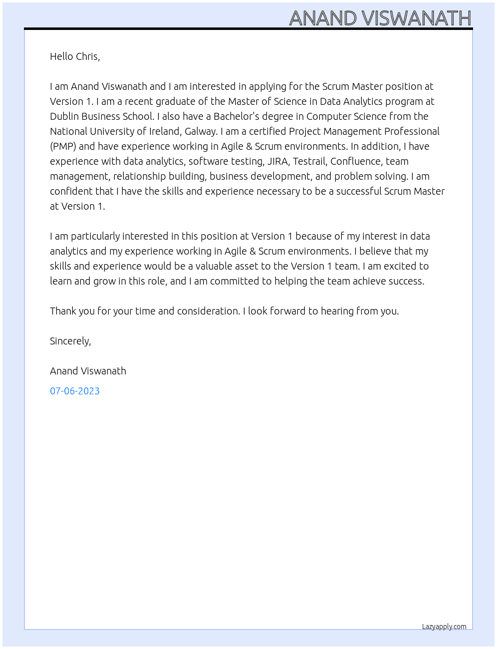 Scrum Master At Version 1 Cover Letter