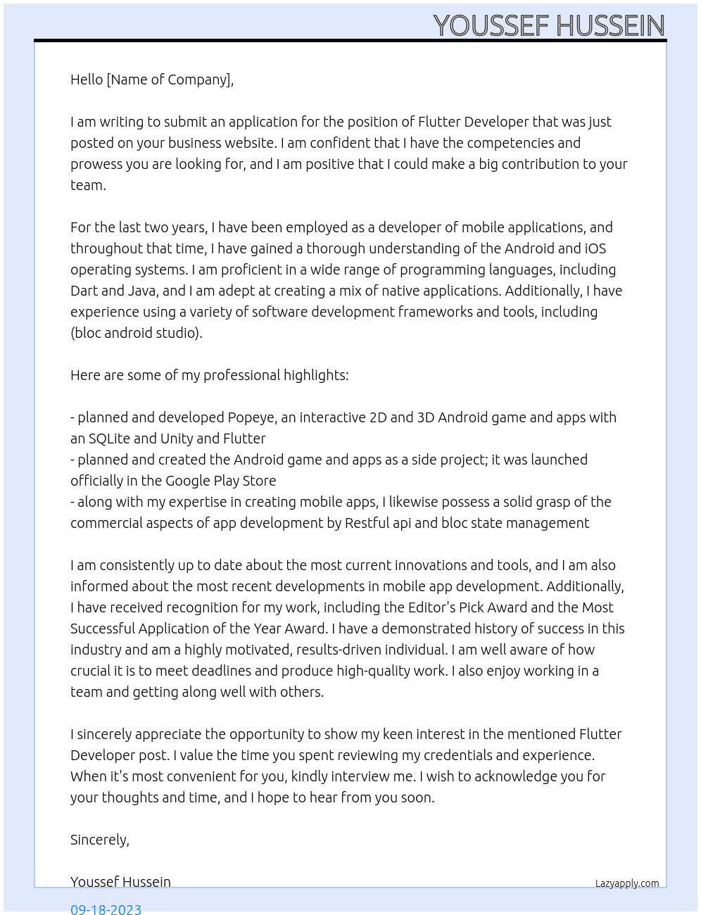 Flutter Developer At your job Cover Letter