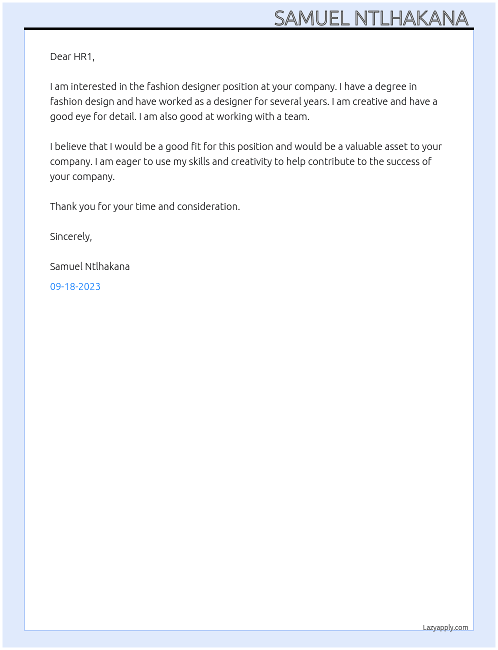 Fashion designer  At Fashion companies  Cover Letter