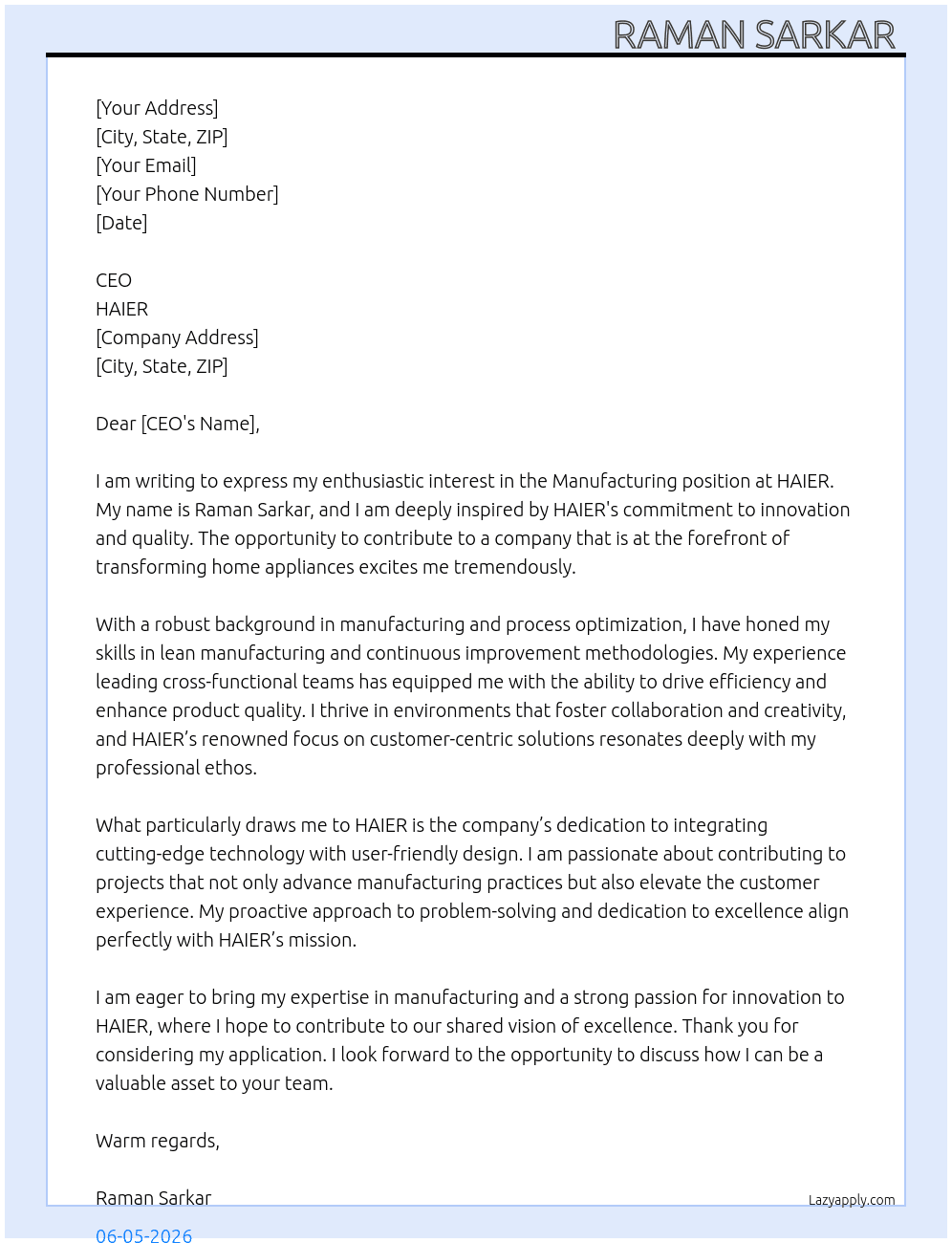 Manufacturing At HAIER Cover Letter