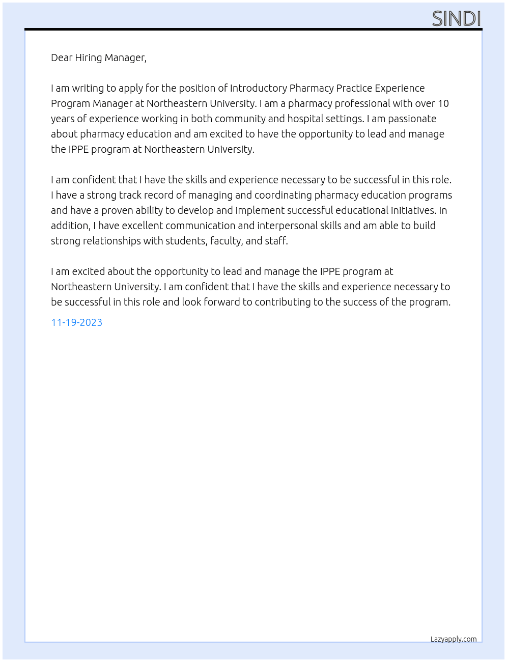Introductory Pharmacy Practice Experience Program Manager At Northeastern University  Cover Letter