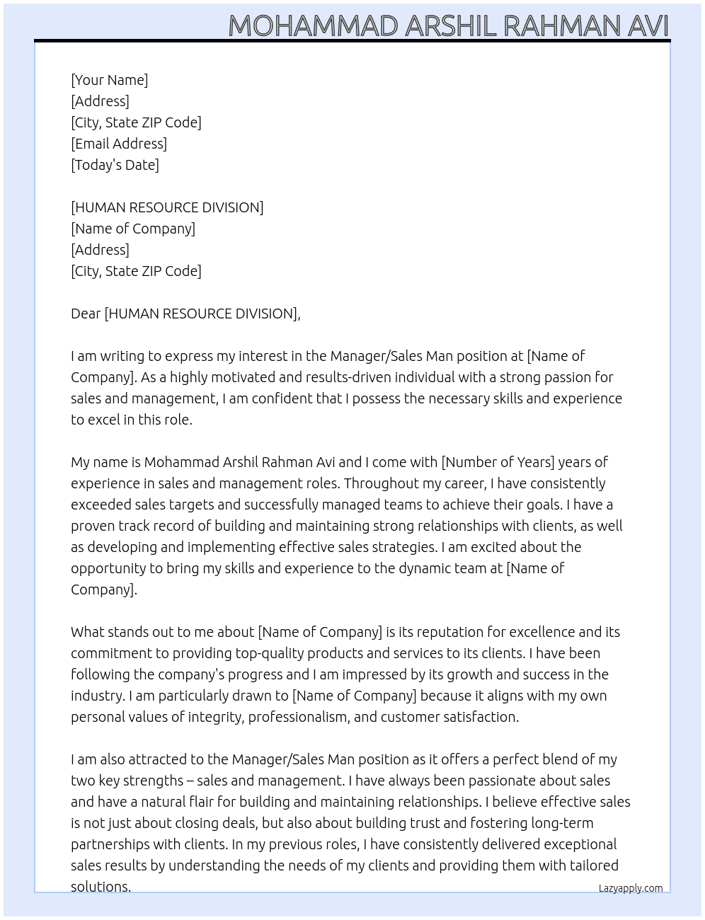 Manager/Sales Man At THE JAMAL & CO. Cover Letter