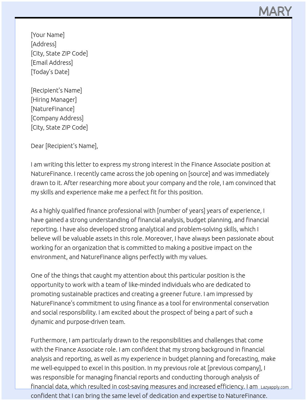 Finance Associate At NatureFinance Cover Letter