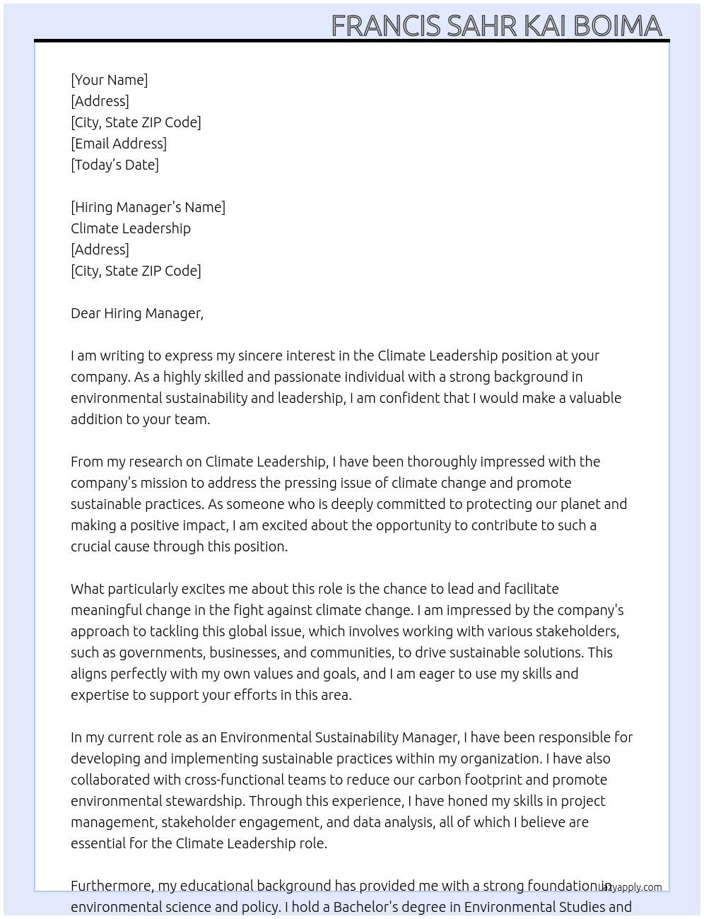 Climate leadership  At Climate leadership  Cover Letter