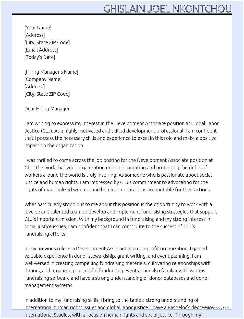 Development Associate At Global Labor Justice (GLJ)  Cover Letter