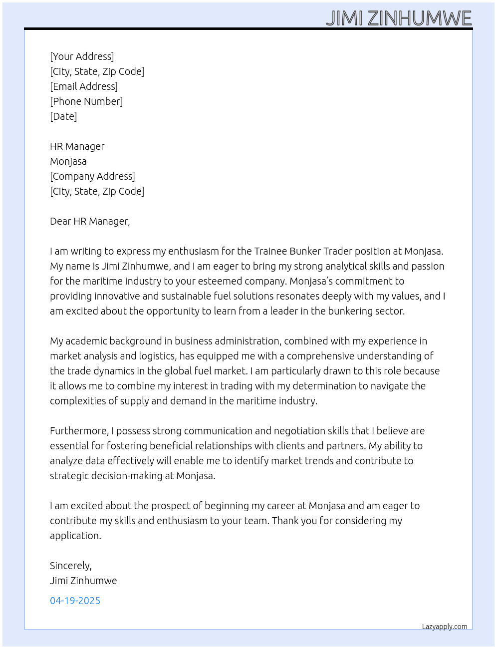 trainee bunker trader At monjasa Cover Letter
