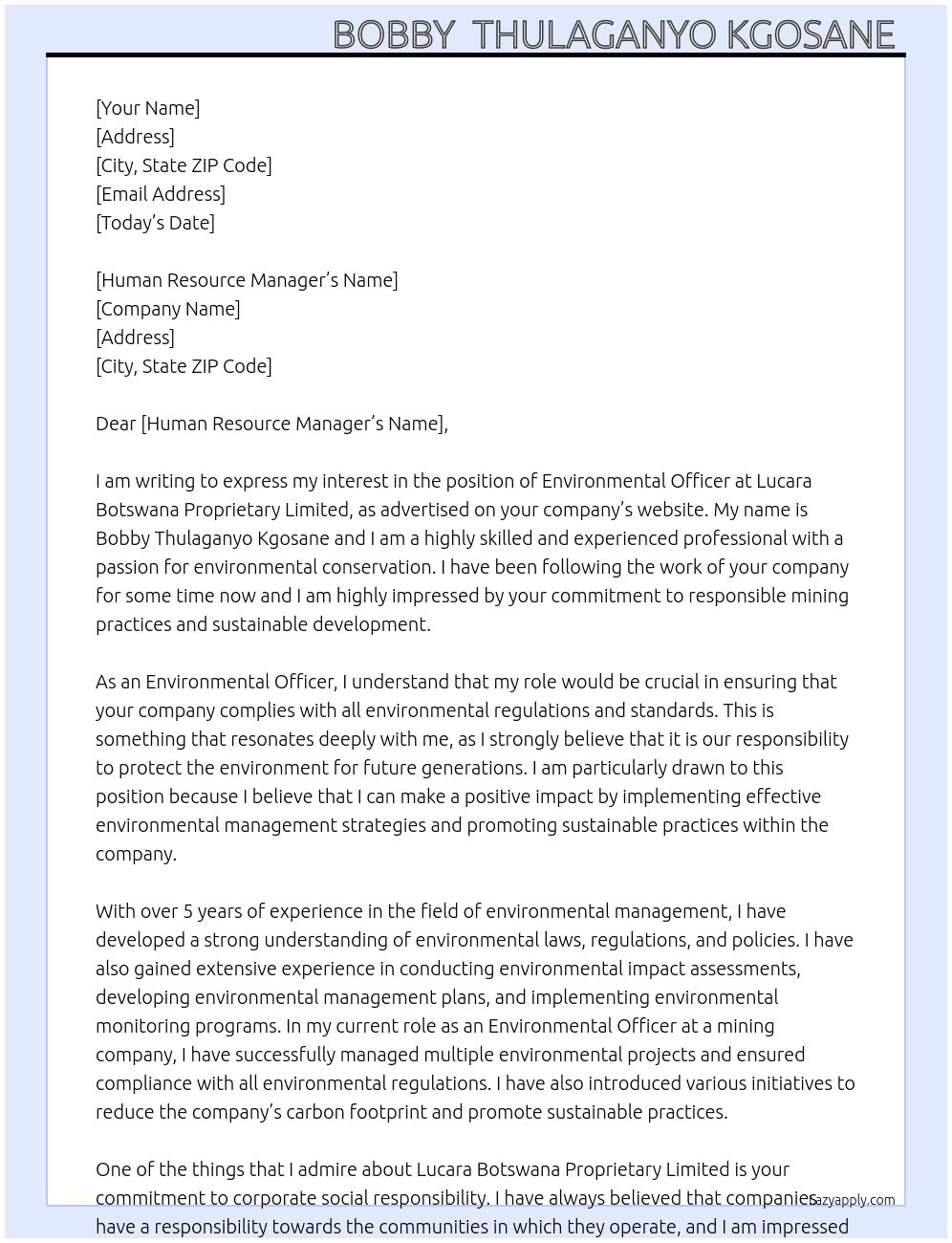 Environmental officer  At Lucara Botswana Proprietary Limited Cover Letter