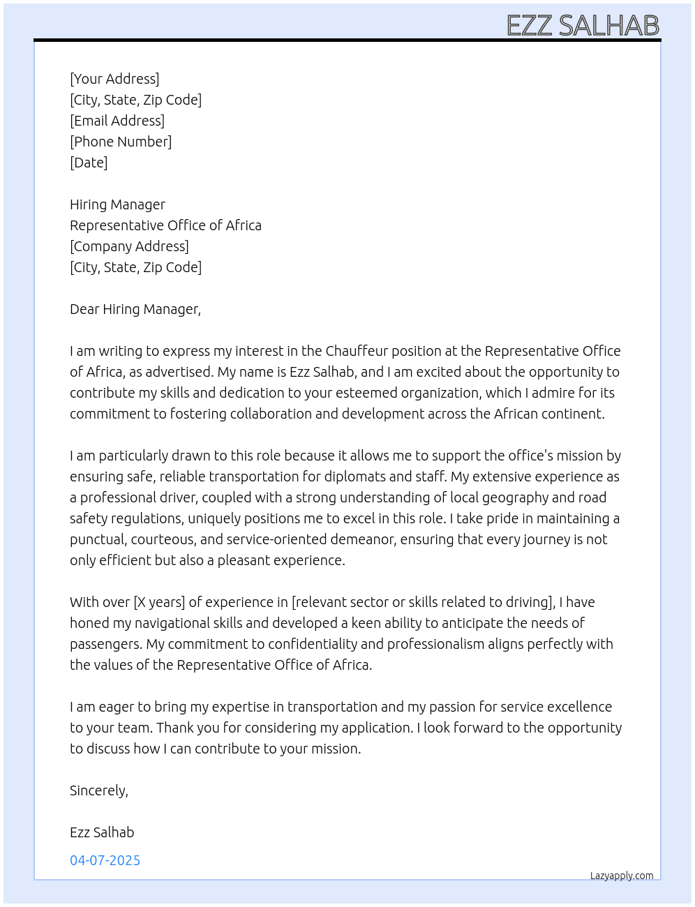 chauffeur gured At Representative office of Africa  Cover Letter