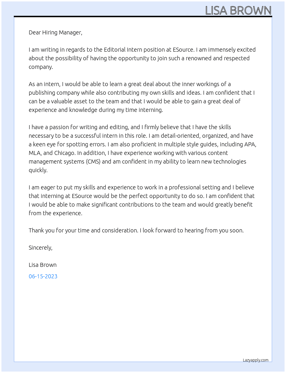 Editorial Intern At ESource Cover Letter